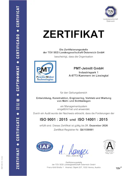 Zertifikat 9001 14001 PMT Jetmill - Vers. german