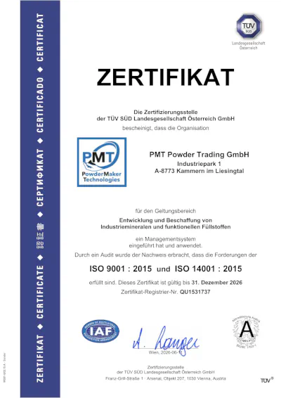 Zertifikat 9001 14001 PMT Powder Trading - Ver. german
